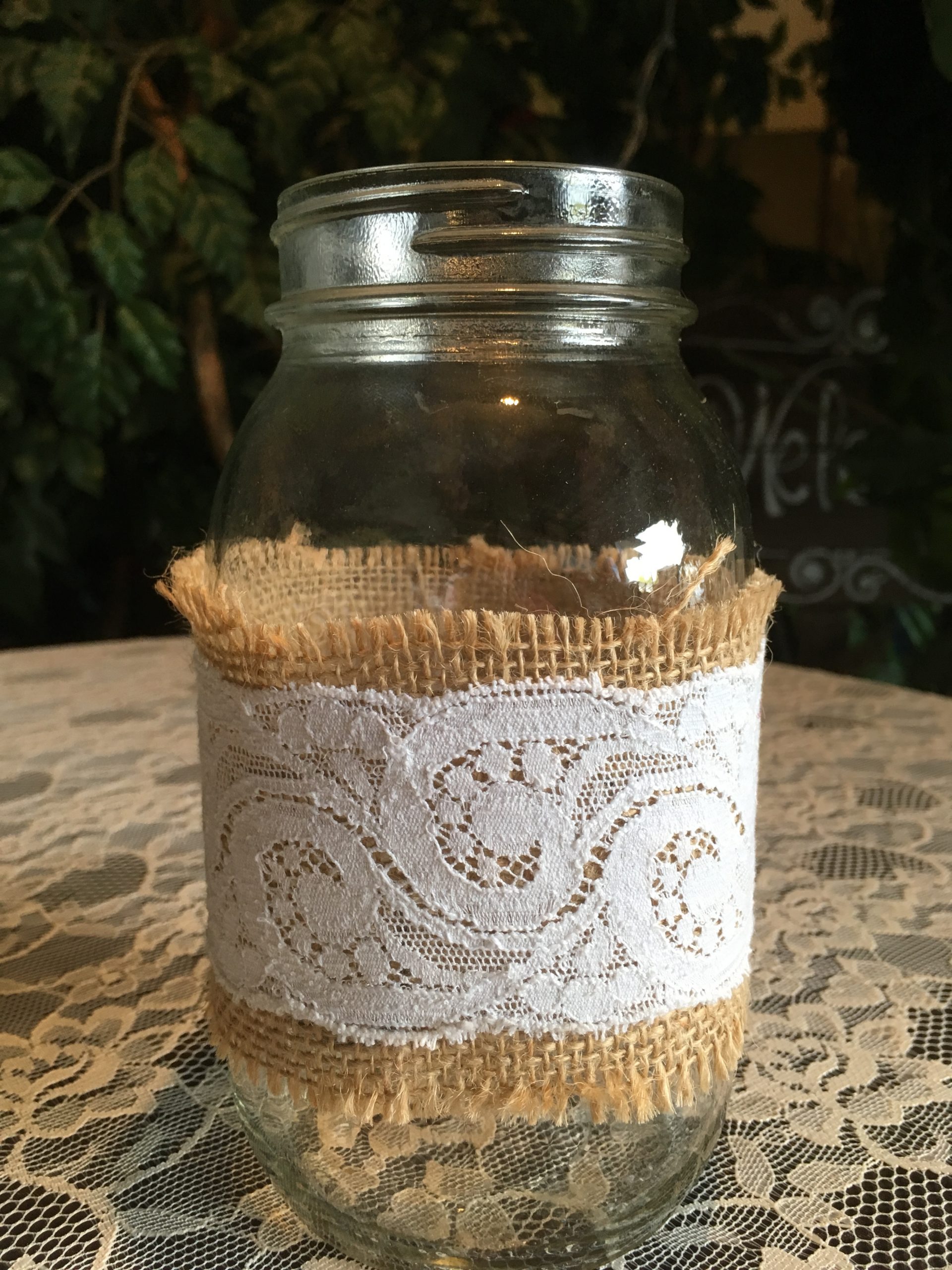 Quart Mason Jars with Burlap Sleeves Rigby Wedding Rentals